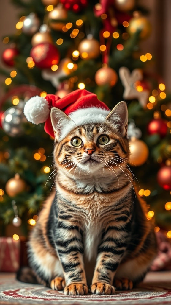 A cheerful cat in a Santa hat with a Christmas tree and snowflakes in the background.